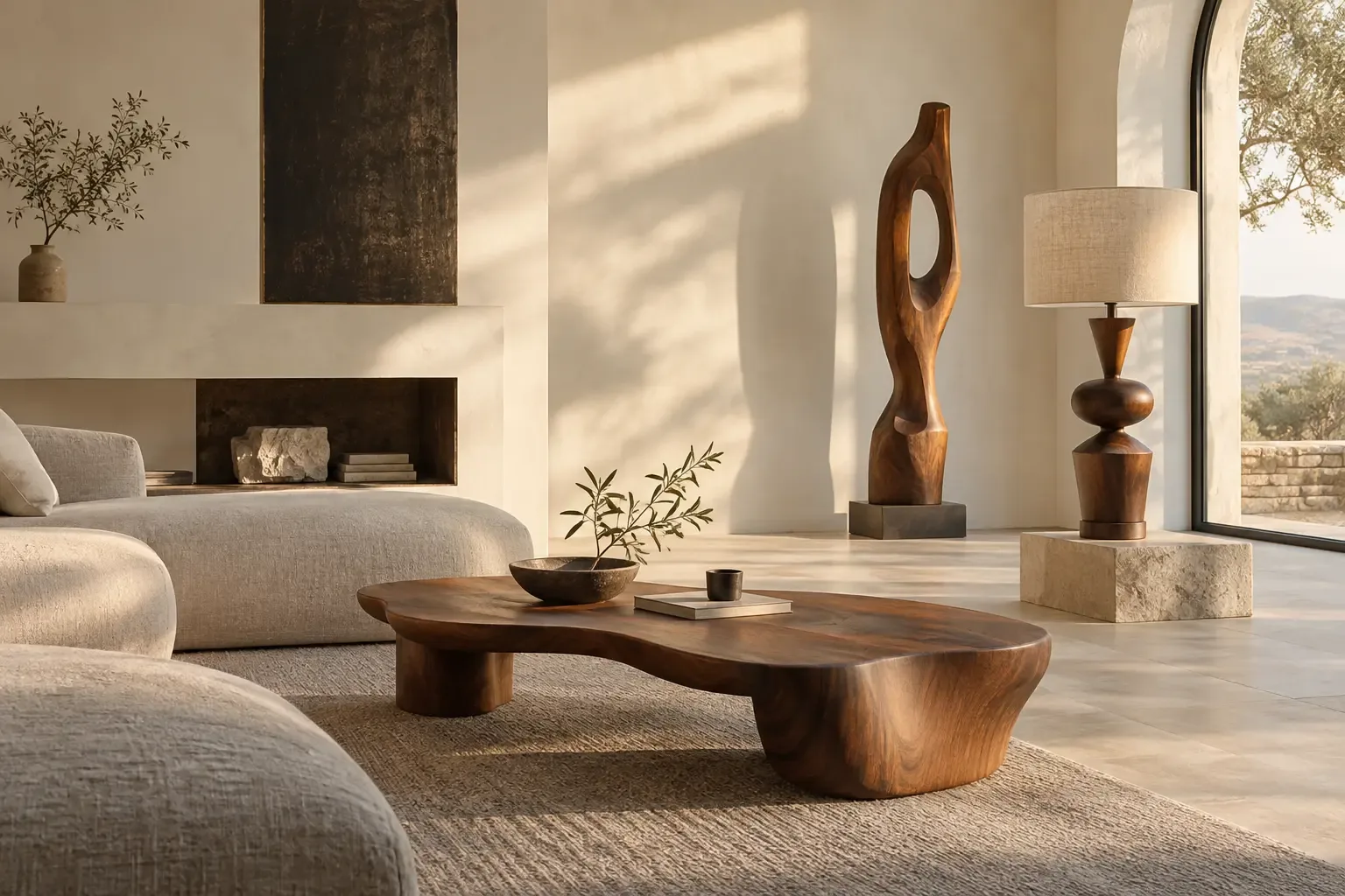 Table basse et sculpture en noyer, lampe tournée dans un séjour
