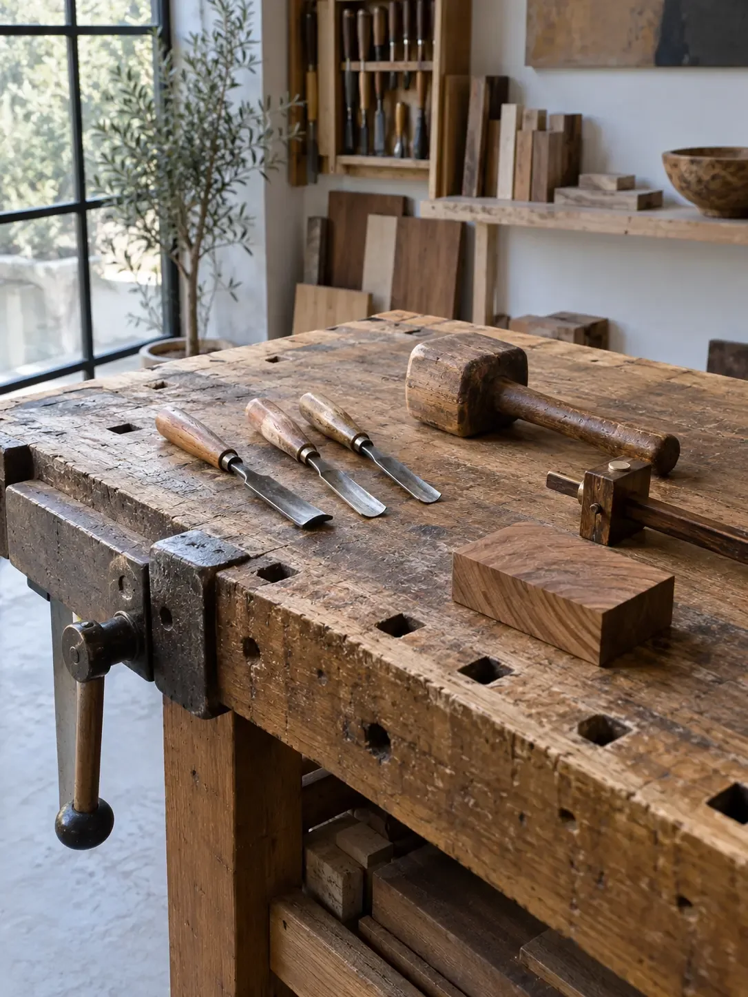 Établi et gouges à l'atelier