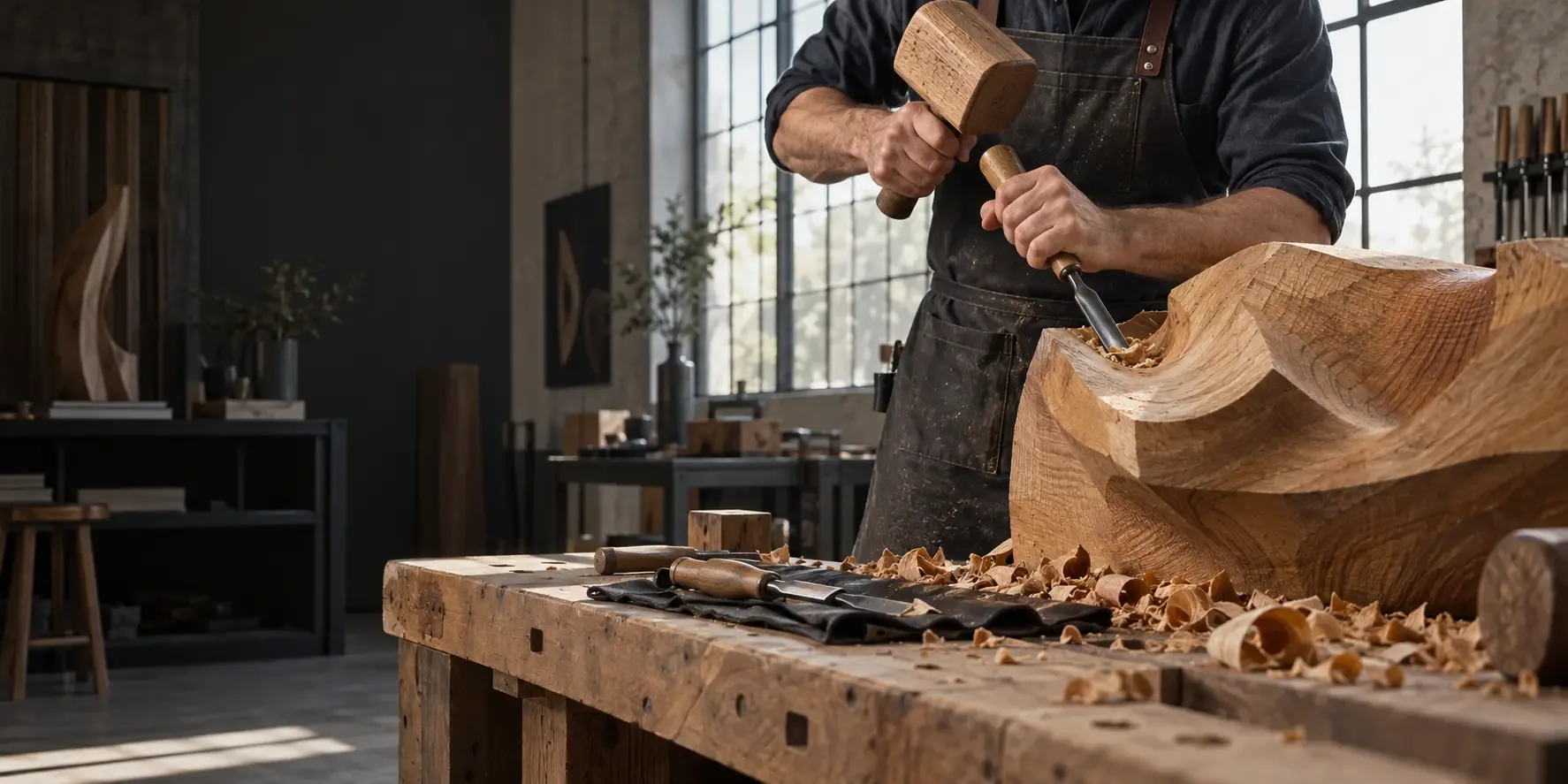 Sculpteur dégageant un volume à la gouge